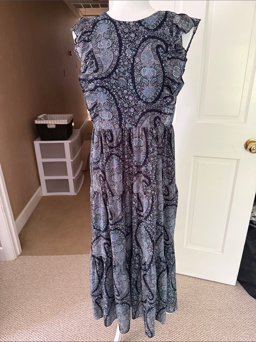 J. Crew Factory Navy Paisley Ruffle-Sleeve Maxi Dress